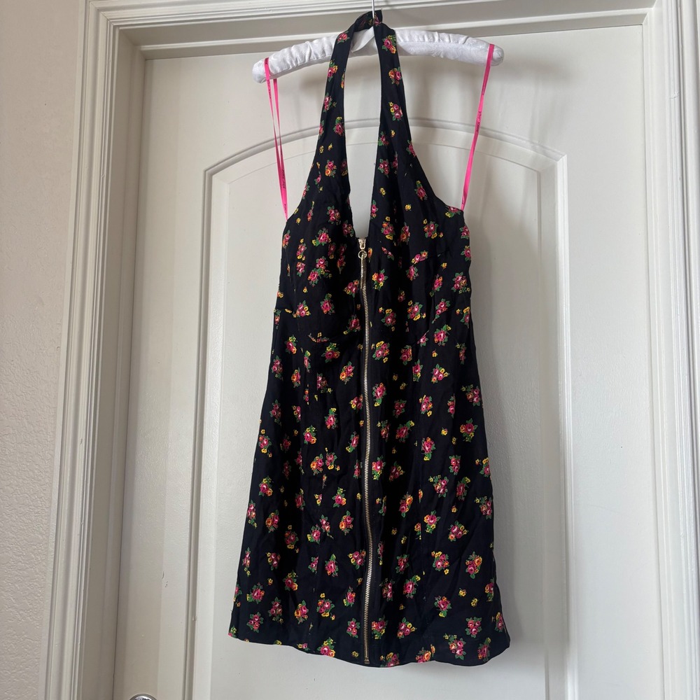 NWT Betsey Johnson Xena Halter Multi Mini Sun Dress Black Floral Zip Front L